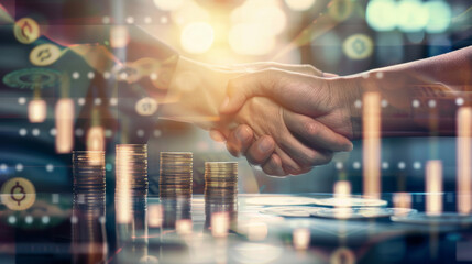 Two hands firmly shake against a backdrop filled with coins and abstract financial charts, indicating mutual agreement and financial dealings.