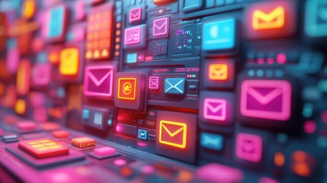 Marketing online with email platform: A futuristic 3D render of various email marketing platforms, including Mailchimp, Constant Contact, and HubSpot. This visual highlights the features and