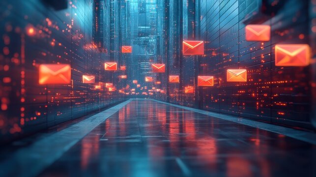 Marketing online with email platform: A futuristic 3D render of various email marketing platforms, including Mailchimp, Constant Contact, and HubSpot. This visual highlights the features and