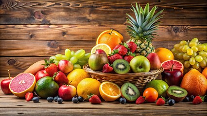 Assorted fresh fruits on a wooden table, fruit, healthy, organic, table, vibrant, colorful,...