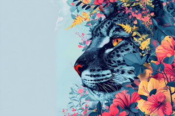 Blue Leopard in a Floral Illustration