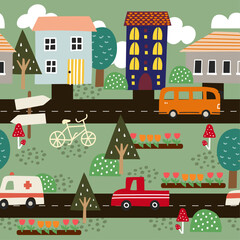 Naklejka premium seamless pattern of a city with house and cars