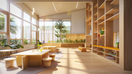Obraz premium Sunlit, airy modern classroom with wooden furniture, large windows, and learning materials promoting an engaging and nurturing environment for children.