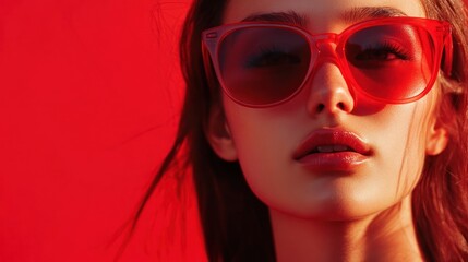 Fototapeta premium Woman with red glasses against vibrant red background.