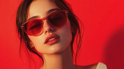 Fototapeta premium Stylish woman in red shades with dreamy expression.