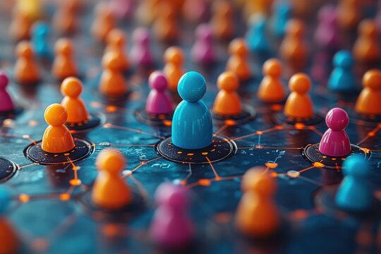 Marketing online with strategy reach: A vibrant 3D render depicting strategic methods to expand marketing reach, featuring audience segmentation, targeted campaigns, and outreach strategies,
