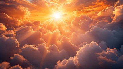 radiant light , breaking through clouds , divine presence , serenity, high-resolution image of divine light , breathtaking photo of sunlight through clouds