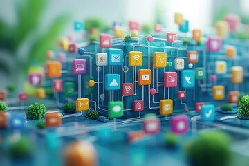 Marketing online with digital reach: A vibrant 3D render depicting the expansion of digital marketing reach, featuring global connectivity icons, social media shares, and audience growth metrics,