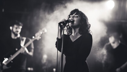 Obraz premium Lead singer performing on stage with band in background