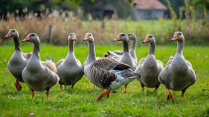 Obraz premium Grey Geese Stroll Through a Green Field