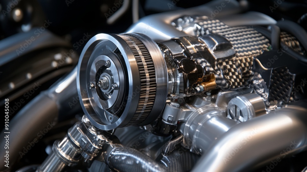 Aufkleber a detailed view of a polished supercharger integrated into an engine, showcasing its intricate desig