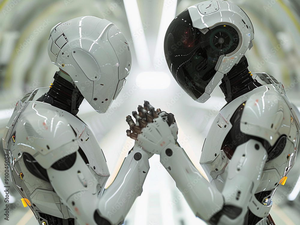 Poster two futuristic robots engaged in a tense standoff in a high-tech environment