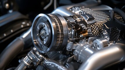 Fototapeta premium A detailed view of a polished supercharger integrated into an engine, showcasing its intricate design and components.