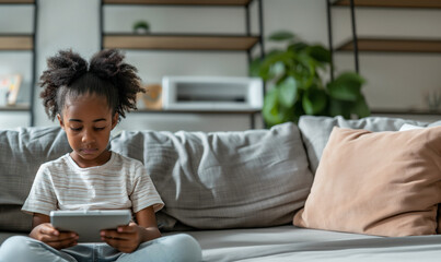 A young girl with curly hair sits on a grey sofa, intently focused on using a tablet device.Smart and Connected Home