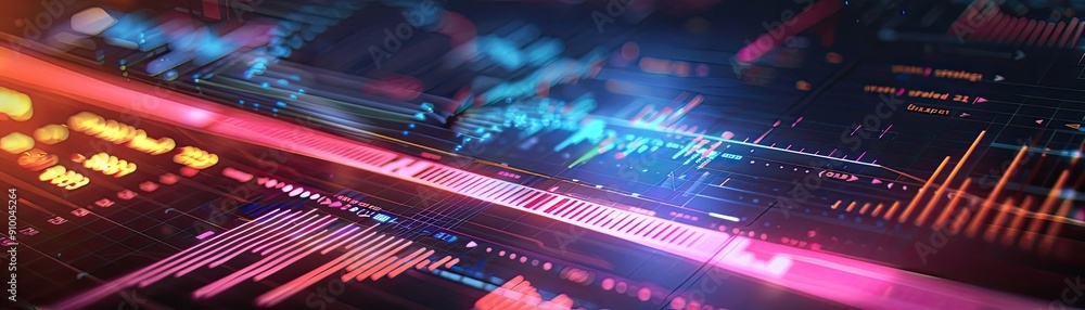 Poster An abstract digital visualization showcasing vibrant data analysis and metrics with colorful lights and graphs.