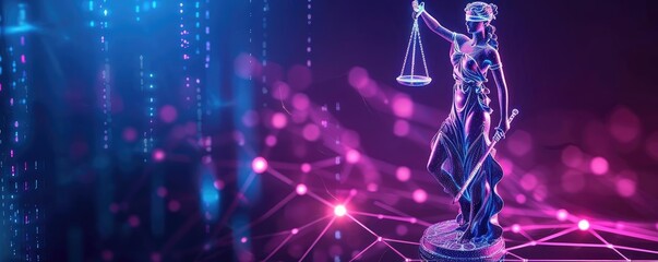 A symbolic representation of justice and law with a digital twist, featuring a lady justice figure amidst colorful lights.