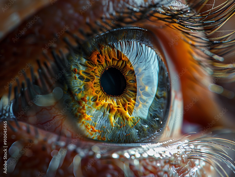 Poster close-up capture of an intricately colored human eye with unique patterns and textures in natural li
