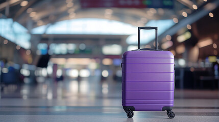 Purple travel suitcase on a blurred airport background, positioned in a spacious terminal, evoking a sense of luxury and sophistication in travel