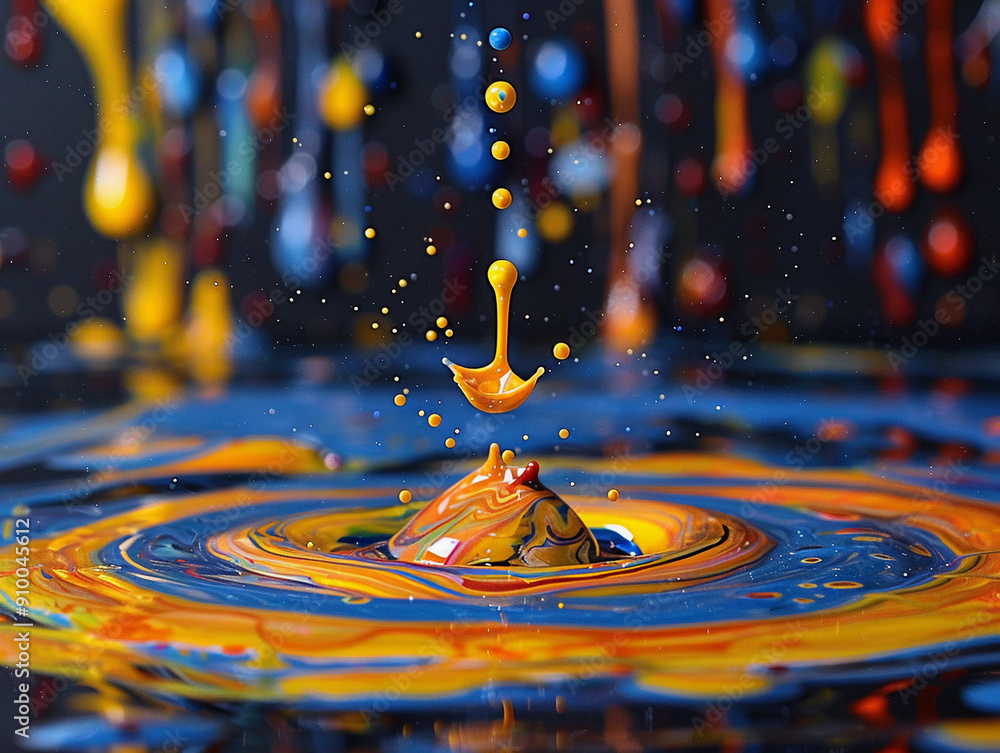 Poster vivid splashes of color create dynamic abstract art with paint droplets and ripples