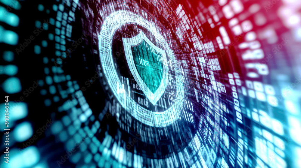 Poster a digital shield symbol surrounded by flowing binary codes, emphasizing cyber security and technolog