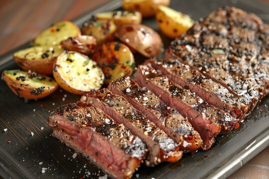 Juicy grilled steak sliced with seasoning alongside roasted pota