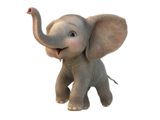An adorable baby elephant with a raised trunk, showcasing its playful nature and endearing charm in a whimsical, animated style.