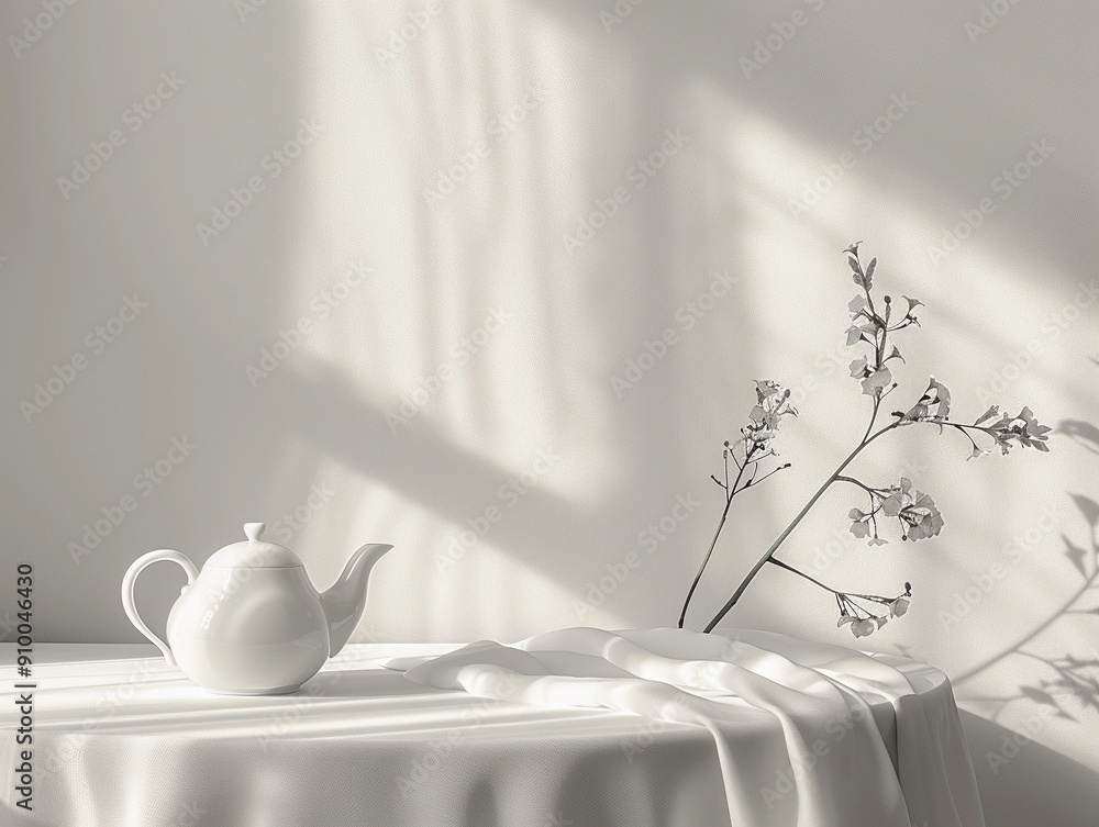 Poster serene teapot composition with branch in soft light on white table