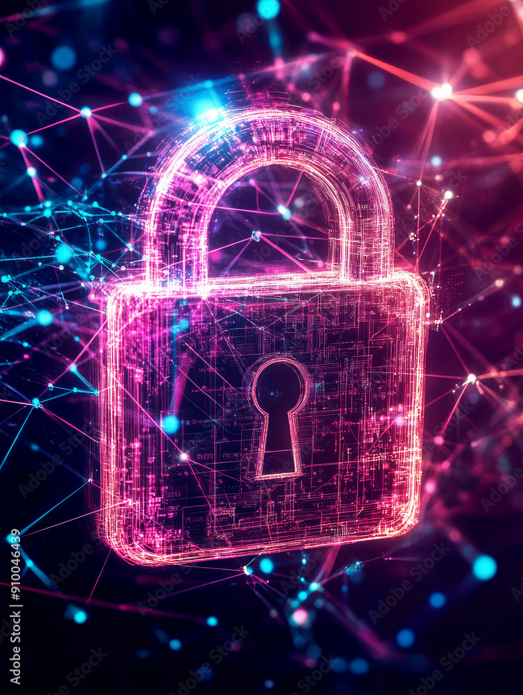 Poster an artistic representation of a digital padlock glowing in neon pink lights, symbolizing cybersecuri