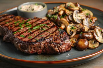 Grilled steak with mushrooms on plate, garnished with parsley