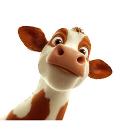 Naklejka premium A humorous cartoon image of a curious brown and white cow character with big eyes, staring directly into the camera against a plain white background.