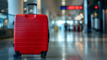 Red travel suitcase on a blurred airport background, placed on shiny floor with soft lighting, capturing the essence of travel preparation and anticipation