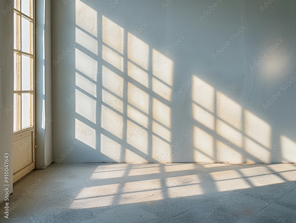 Poster soft morning light creating intricate shadows on a bare wall in a minimalist space