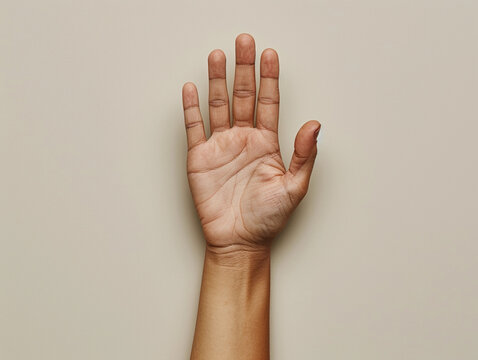 Hand Reaching Upward Against A Neutral Background During Daylight Hours