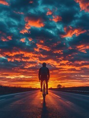 Obraz premium Cyclist riding towards a fiery sky at dusk.