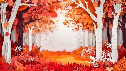 Autumn forest with white trees and orange leaves, in the style of paper cut style background for banner design, Generative AI