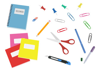 Stationery vector set. Sketchbook for sketching, pens, artistic tools, school notebook and scissors, Stationery knife with sharp adjustable retractable blade, paper clips, push pins or buttons. Vector