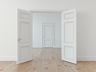 Fototapeta premium Open White Doors Leading to a Bright and Minimalist Interior Space