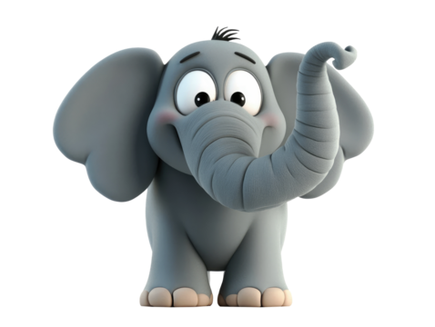 An animated and colorful cartoon elephant with large expressive eyes and a curvy trunk, creating a playful and whimsical atmosphere for children and fun visual content.