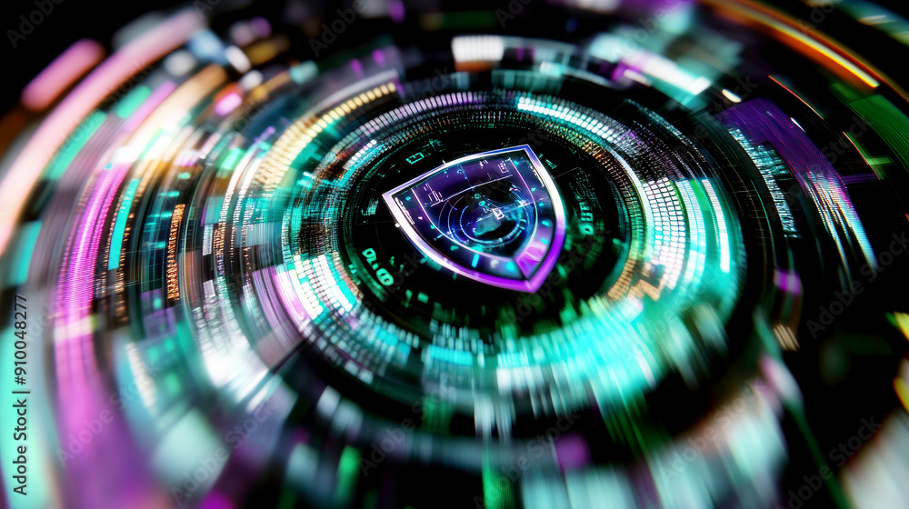 Poster a vibrant digital shield in a cybernetic circular interface, showcasing security and futuristic tech