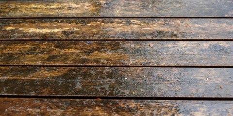A close-up view of a old wooden deck wet from rain, old terrace with some mold spots caused by...