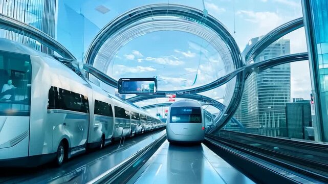 A sleek futuristic transportation hub showcases maglev trains alongside a reflective surface, surrounded by a vibrant urban skyline and bright blue skies