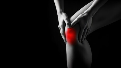 Naklejka premium Woman holding her knee with red pain showing discomfort and pain, focusing on knee injury, personal health