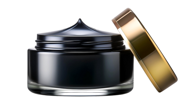 A luxurious black cream in an elegant glass jar with a golden lid, perfect for skincare or beauty product photography.