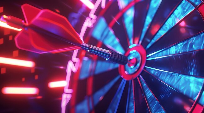 Jeu de fl&eacute;chettes avec une fl&egrave;che atteignant le centre de la cible, lumi&egrave;res n&eacute;on de couleurs bleue et rouge.