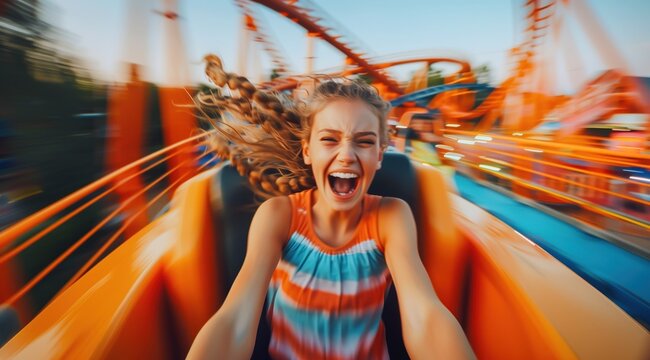 Une jeune fille heureuse sur des montagnes russes dans un parc d'attractions, s'amusant et criant, impression de mouvement et de vitesse.