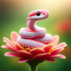 Fototapeta premium Close-up of a small light red snake with a white belly and pink nose, standing on a beautiful flower