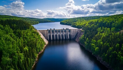 Fototapeta premium Photo of Clean Energy Systems Highlighting a Hydroelectric Dam with Green Forest Surroundings