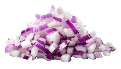 Chopped purple onion pieces arranged in a pile, perfect for culinary themed projects and recipes.