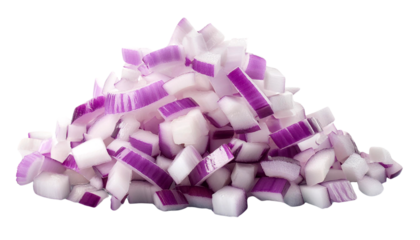 Chopped purple onion pieces arranged in a pile, perfect for culinary themed projects and recipes.