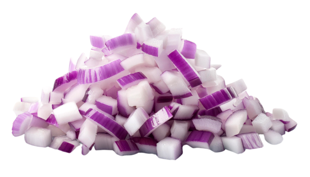 Chopped purple onion pieces arranged in a pile, perfect for culinary themed projects and recipes.